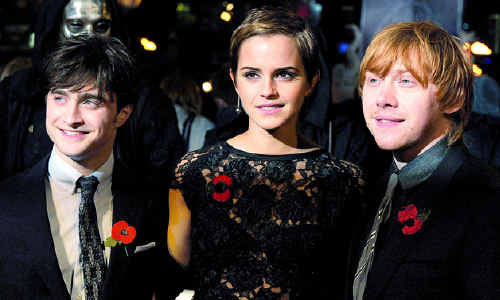 Harry Potter, played by Daniel Radcliffe, and the cast, including Emma Watson and Rupert Grint. Harry Potter, played by Daniel Radcliffe, and the cast, including Emma Watson and Rupert Grint.